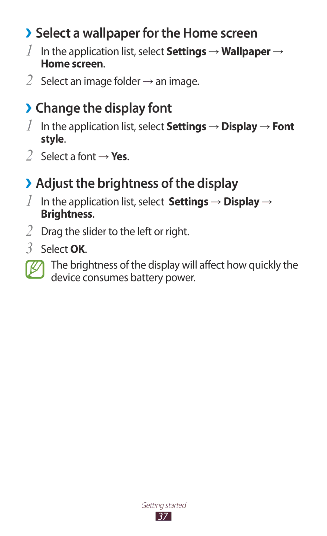 Samsung GT-S7562 user manual ››Select a wallpaper for the Home screen, ››Change the display font, Style 