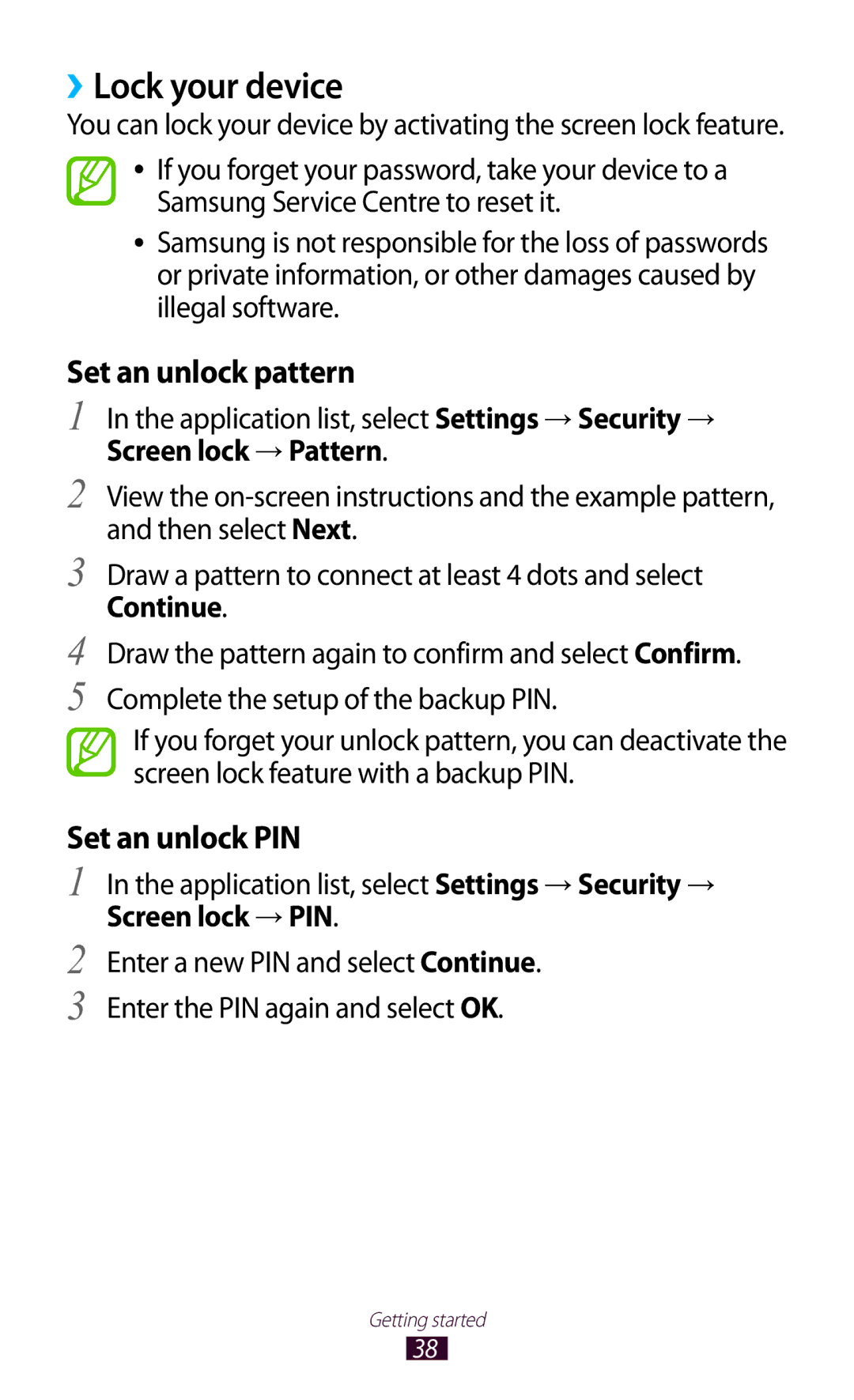 Samsung GT-S7562 user manual ››Lock your device, Application list, select Settings → Security →, Screen lock → Pattern 