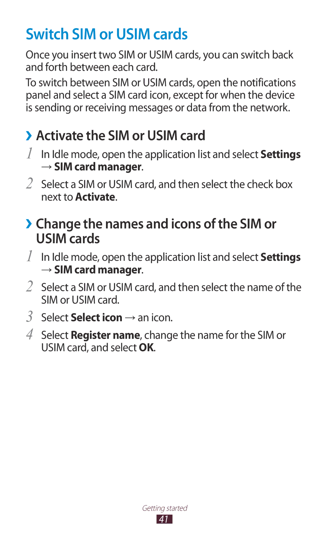 Samsung GT-S7562 user manual Switch SIM or Usim cards, ››Activate the SIM or Usim card, → SIM card manager 