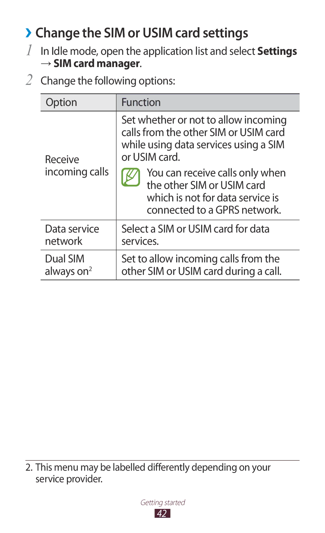 Samsung GT-S7562 user manual ››Change the SIM or Usim card settings 