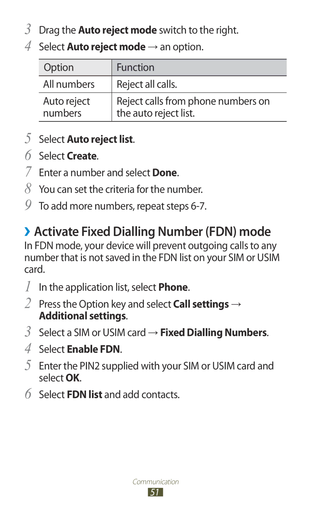 Samsung GT-S7562 user manual Select Auto reject list, Select Create Enter a number and select Done, Additional settings 