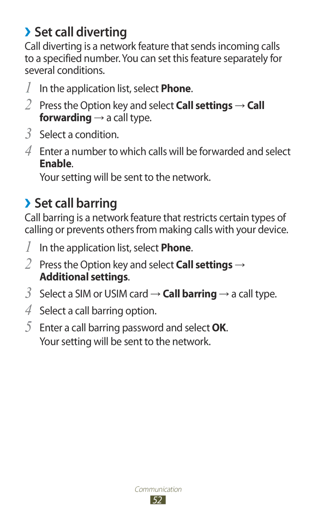 Samsung GT-S7562 user manual ››Set call diverting, ››Set call barring 