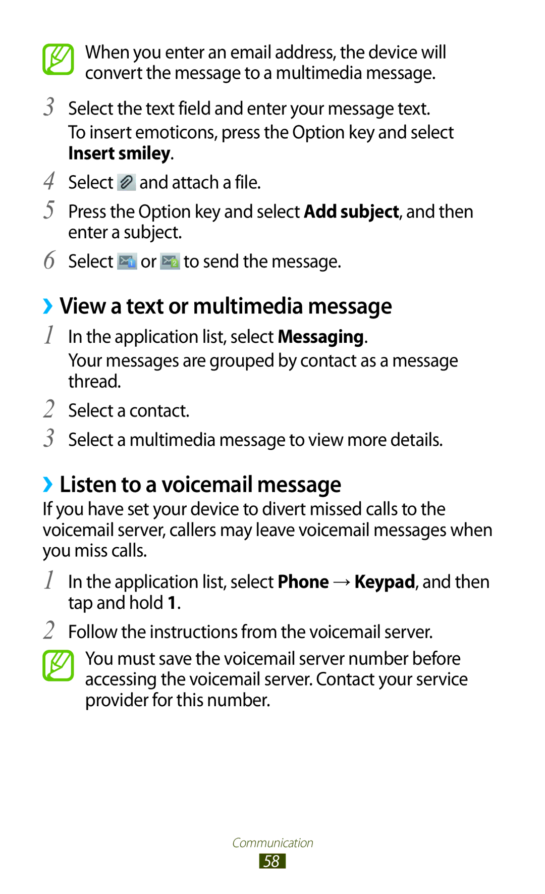 Samsung GT-S7562 user manual ››View a text or multimedia message, ››Listen to a voicemail message 