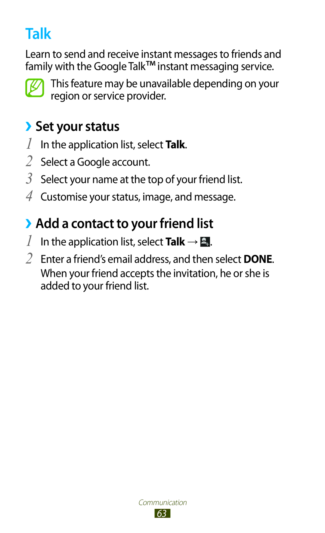 Samsung GT-S7562 user manual Talk, ››Set your status, ››Add a contact to your friend list 