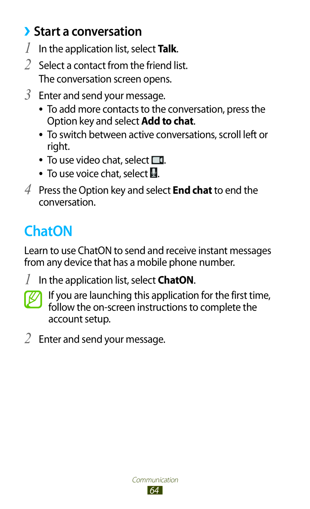 Samsung GT-S7562 user manual ChatON, ››Start a conversation, Application list, select Talk 