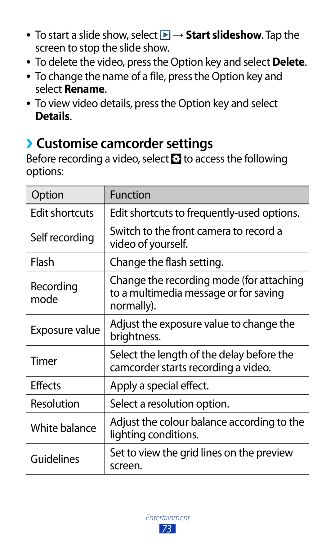 Samsung GT-S7562 user manual ››Customise camcorder settings, To a multimedia message or for saving, Normally 