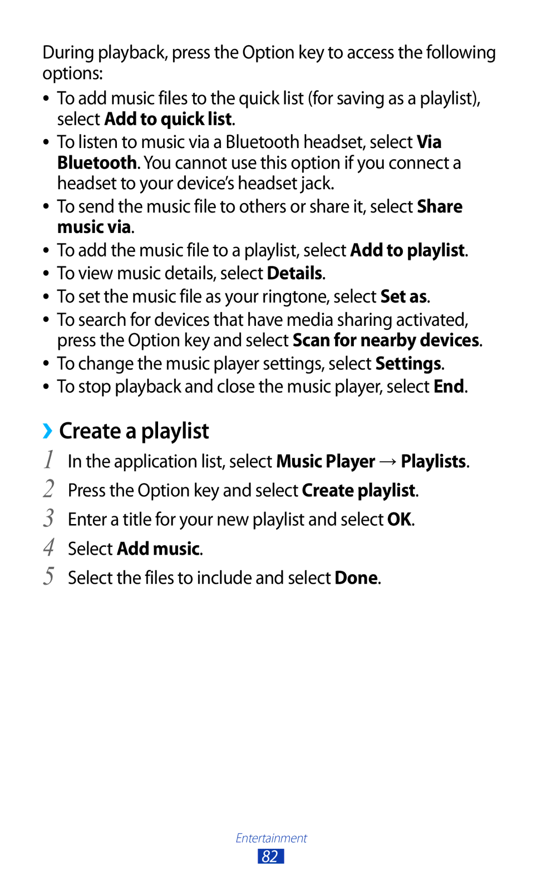 Samsung GT-S7562 user manual ››Create a playlist, To stop playback and close the music player, select End, Select Add music 