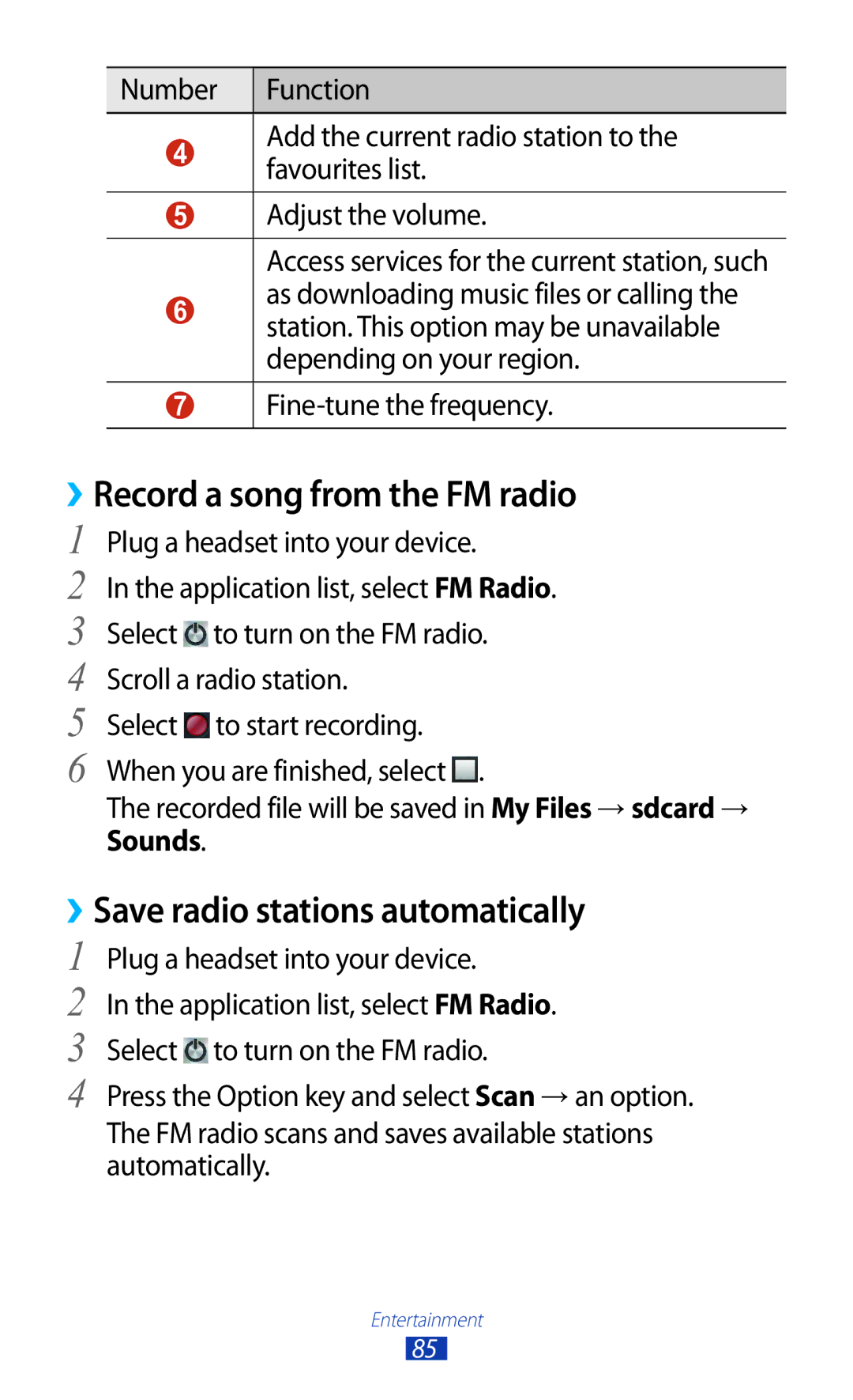 Samsung GT-S7562 ››Record a song from the FM radio, ››Save radio stations automatically, Fine-tune the frequency 