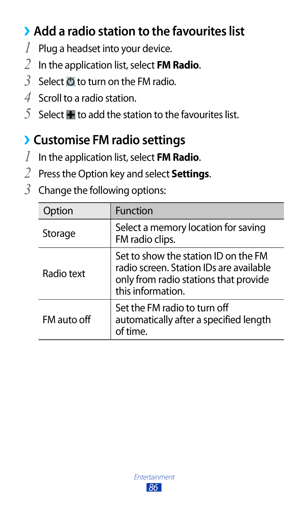 Samsung GT-S7562 user manual ››Add a radio station to the favourites list, ››Customise FM radio settings 