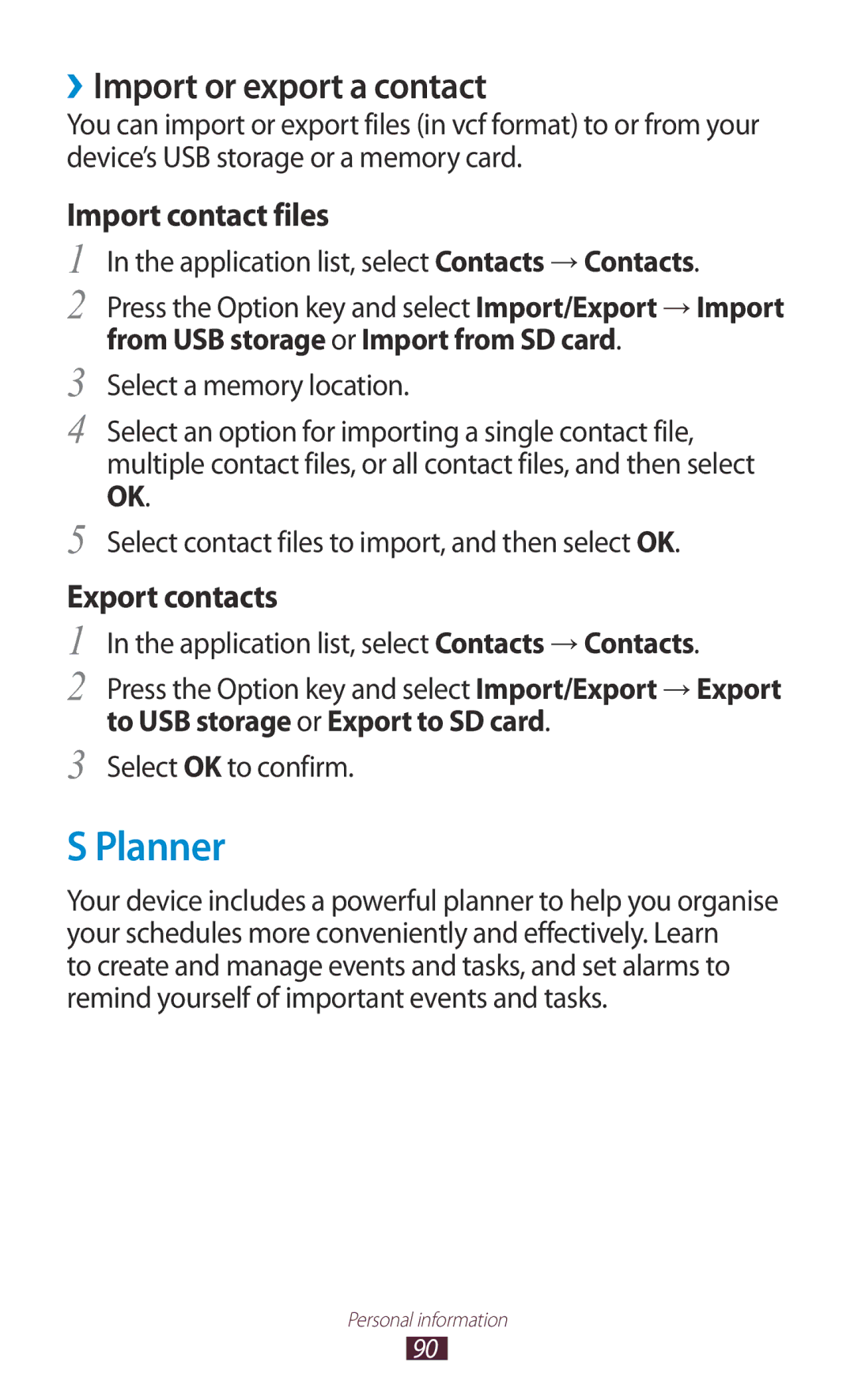 Samsung GT-S7562 user manual Planner, ››Import or export a contact 