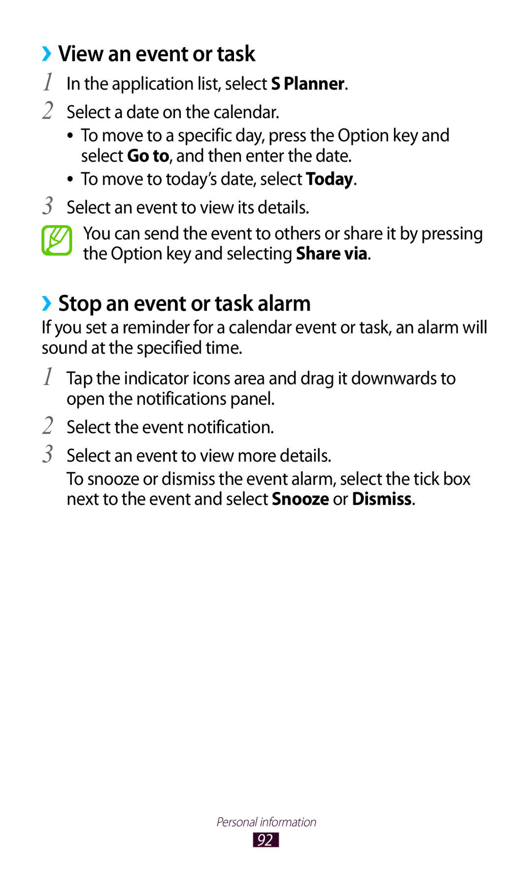 Samsung GT-S7562 user manual ››View an event or task, ››Stop an event or task alarm 