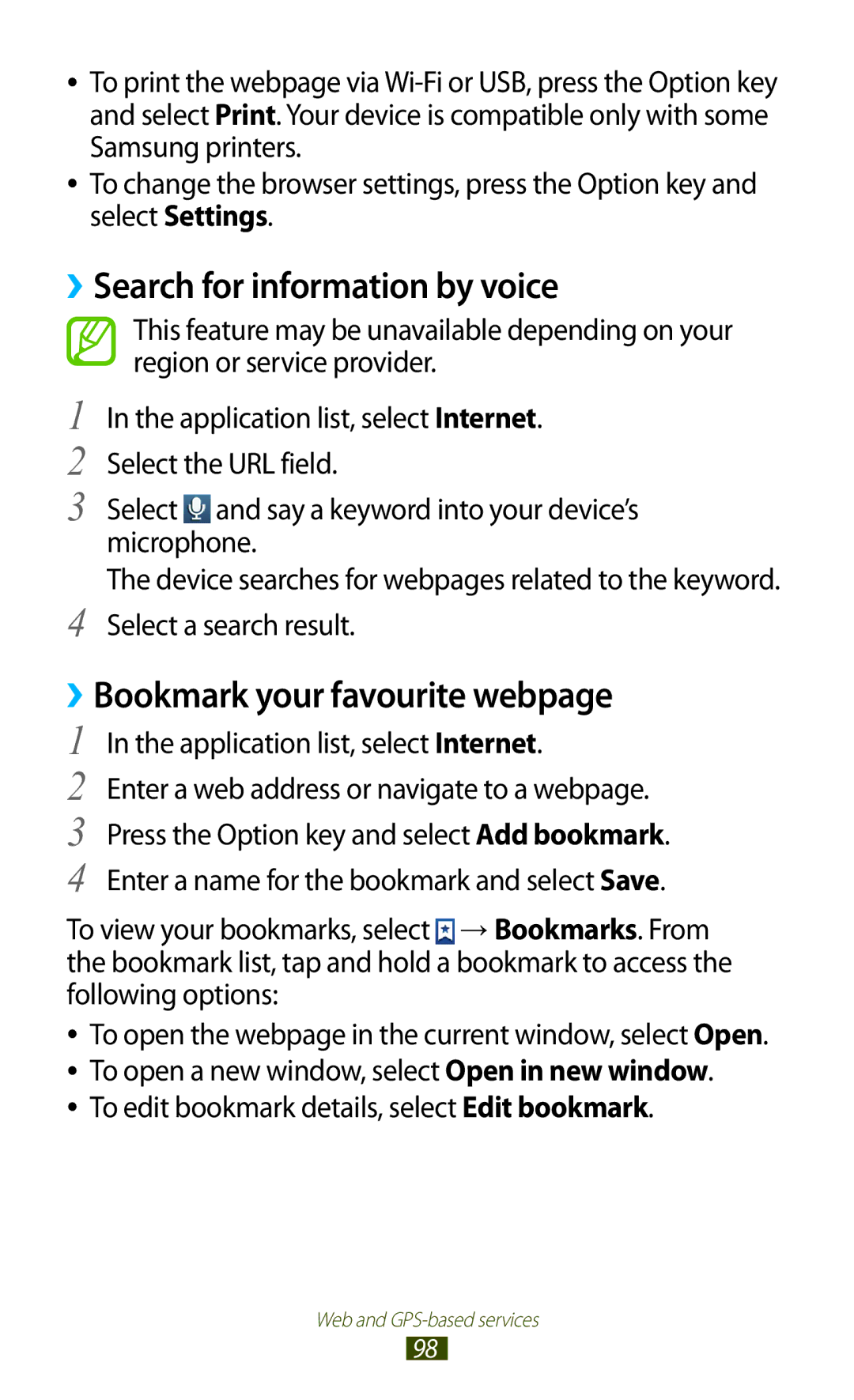 Samsung GT-S7562 ››Search for information by voice, ››Bookmark your favourite webpage, Application list, select Internet 