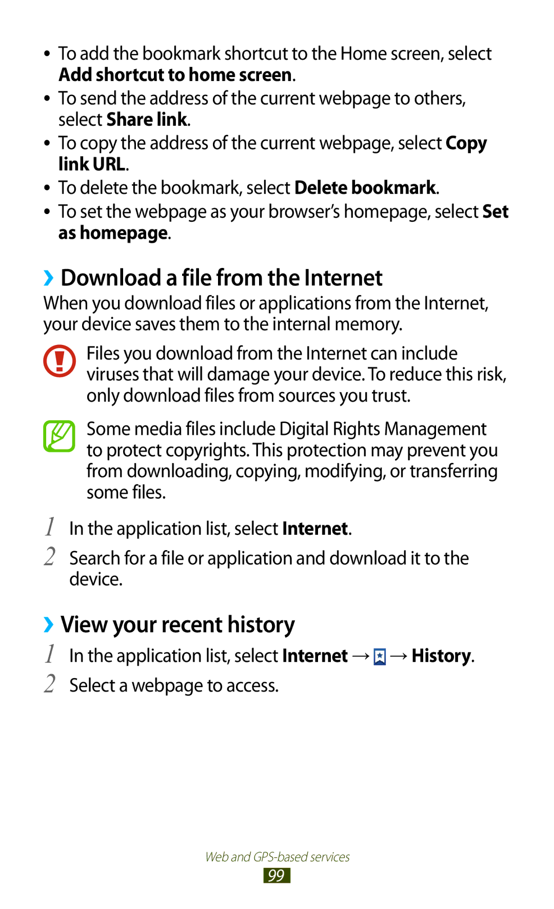 Samsung GT-S7562 user manual ››Download a file from the Internet, ››View your recent history 