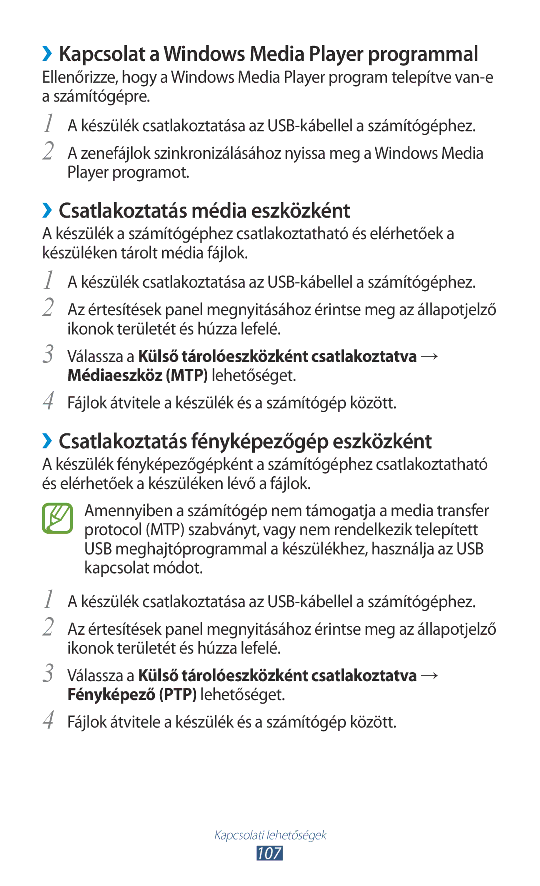 Samsung GT-S7562ZKAATO, GT-S7562UWADBT manual ››Csatlakoztatás média eszközként, ››Csatlakoztatás fényképezőgép eszközként 