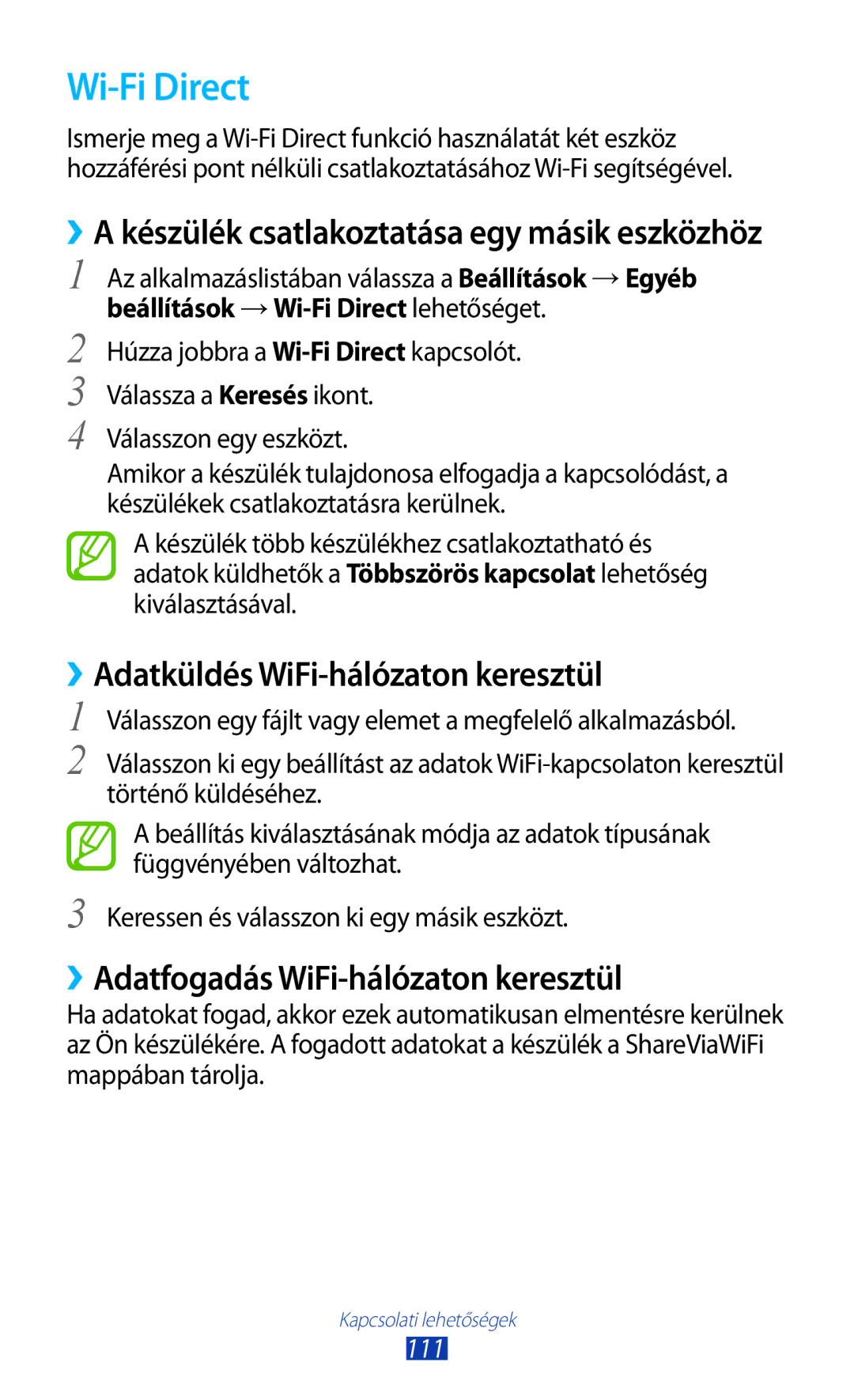 Samsung GT-S7562ZKAVVT manual Wi-Fi Direct, ››Adatküldés WiFi-hálózaton keresztül, ››Adatfogadás WiFi-hálózaton keresztül 