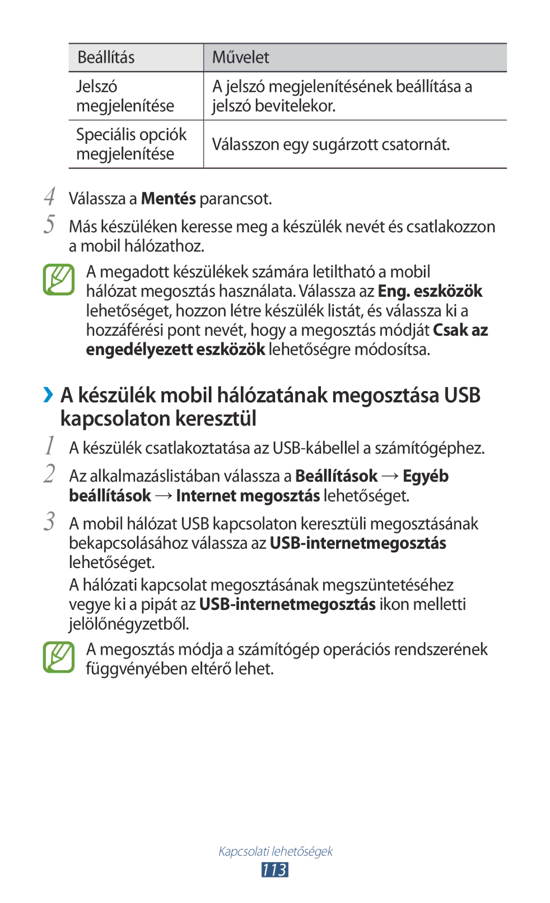 Samsung GT-S7562UWABGL manual Beállítás Művelet Jelszó, Megjelenítése Jelszó bevitelekor, Válasszon egy sugárzott csatornát 