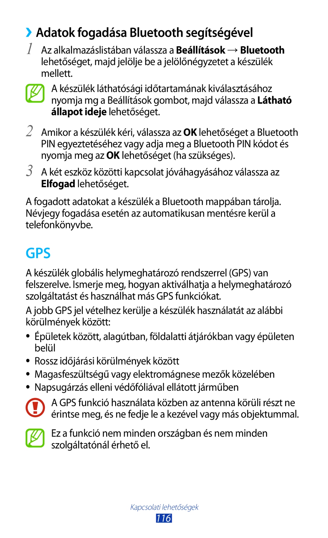 Samsung GT-S7562UWAAUT, GT-S7562UWADBT, GT-S7562ZKADBT, GT-S7562UWAEUR manual Gps, ››Adatok fogadása Bluetooth segítségével 