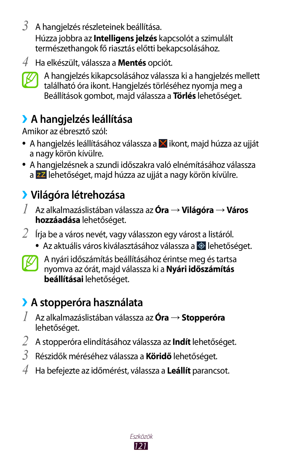 Samsung GT-S7562CWZXEH, GT-S7562UWADBT manual ››A hangjelzés leállítása, ››Világóra létrehozása, ››A stopperóra használata 