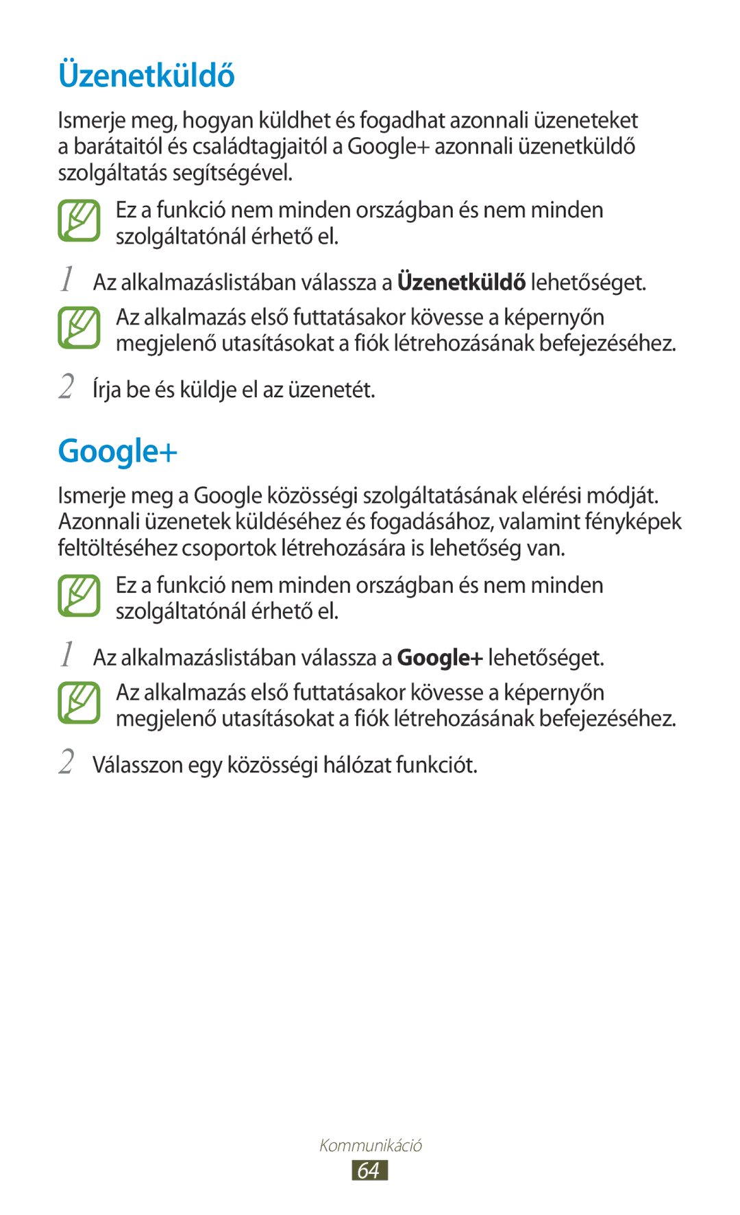 Samsung GT-S7562CWZVVT, GT-S7562UWADBT, GT-S7562ZKADBT manual Üzenetküldő, Google+, Válasszon egy közösségi hálózat funkciót 