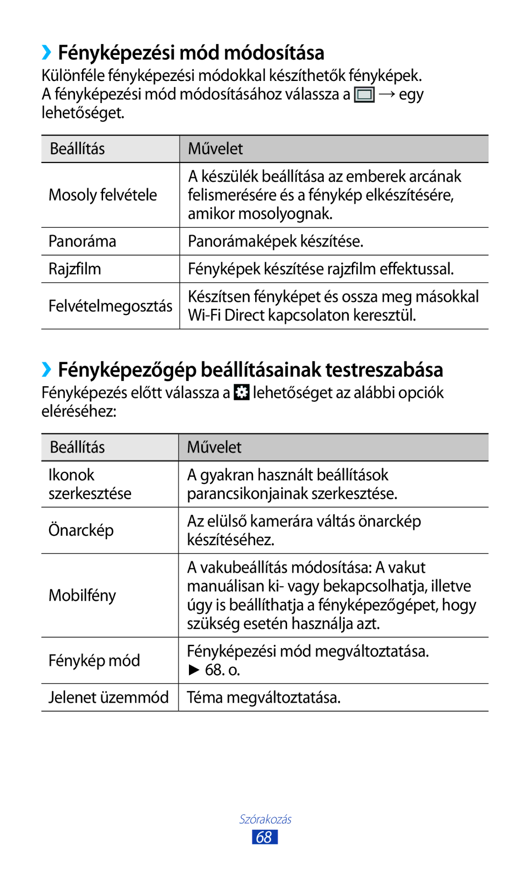 Samsung GT2S7562ZKAXEH, GT-S7562UWADBT manual ››Fényképezési mód módosítása, ››Fényképezőgép beállításainak testreszabása 