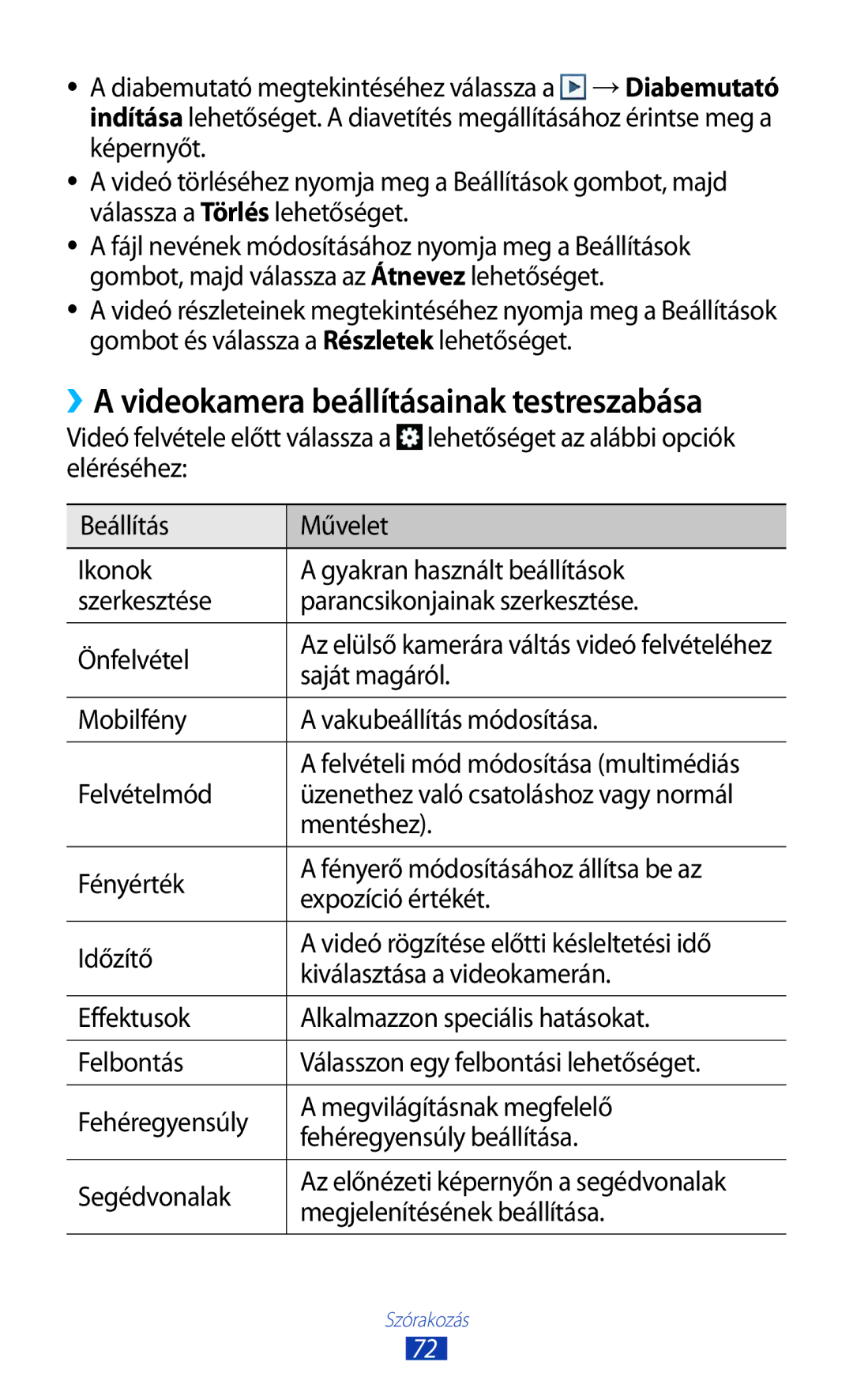 Samsung GT-S7562UWAXEH ››A videokamera beállításainak testreszabása, Saját magáról, Mobilfény Vakubeállítás módosítása 