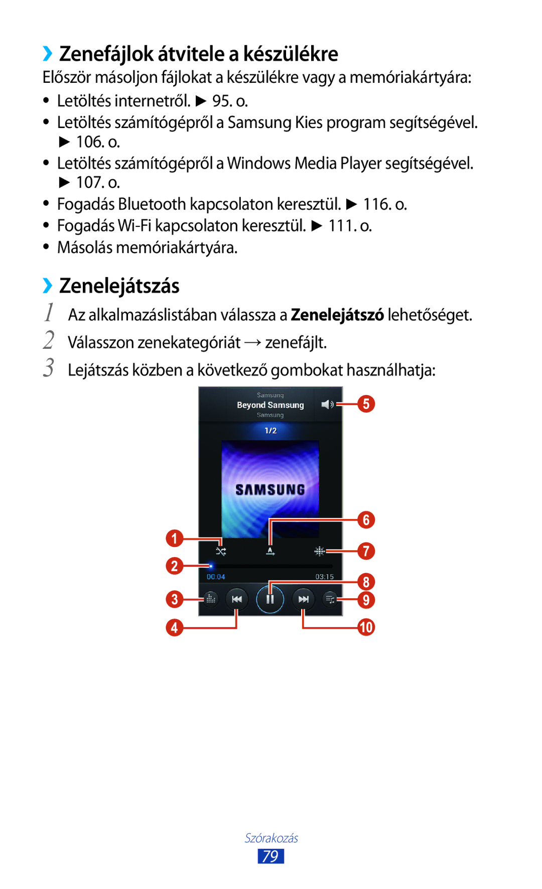 Samsung GT-S7562CWZCOA, GT-S7562UWADBT manual ››Zenefájlok átvitele a készülékre, ››Zenelejátszás, Másolás memóriakártyára 