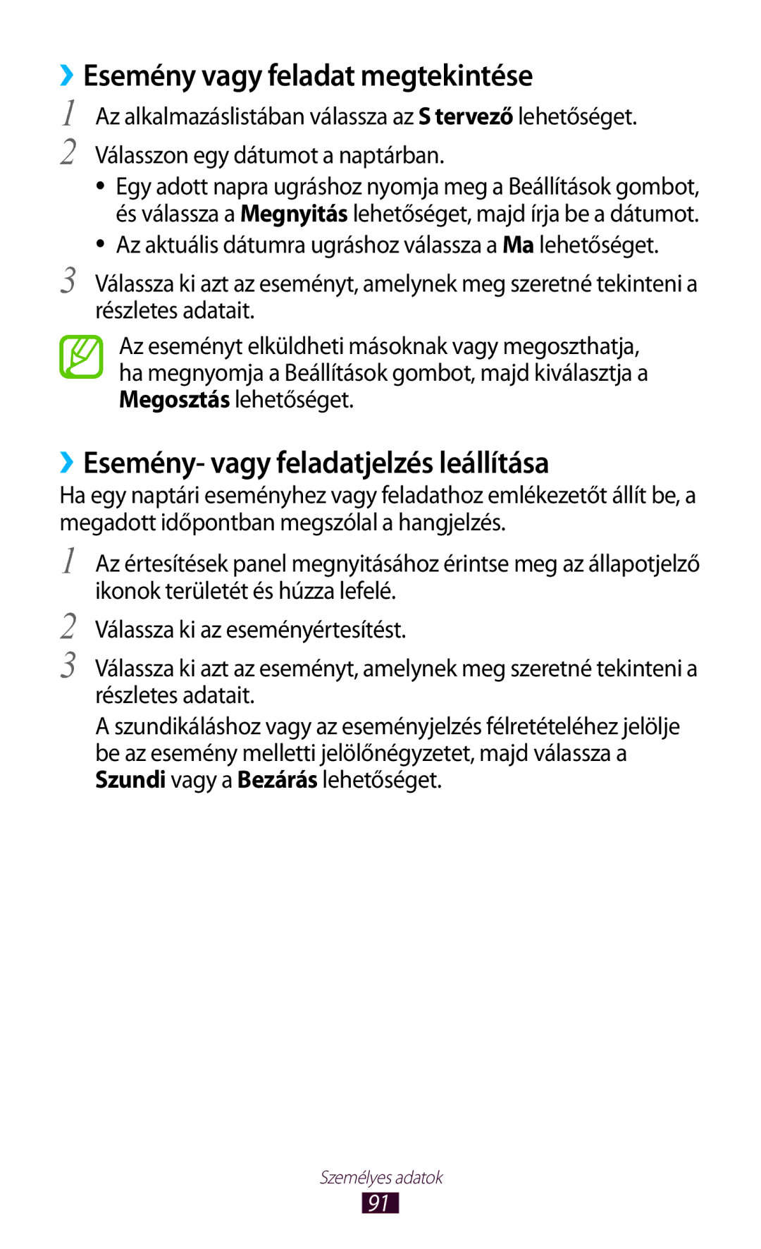 Samsung GT-S7562UWAAUT, GT-S7562UWADBT manual ››Esemény vagy feladat megtekintése, ››Esemény- vagy feladatjelzés leállítása 