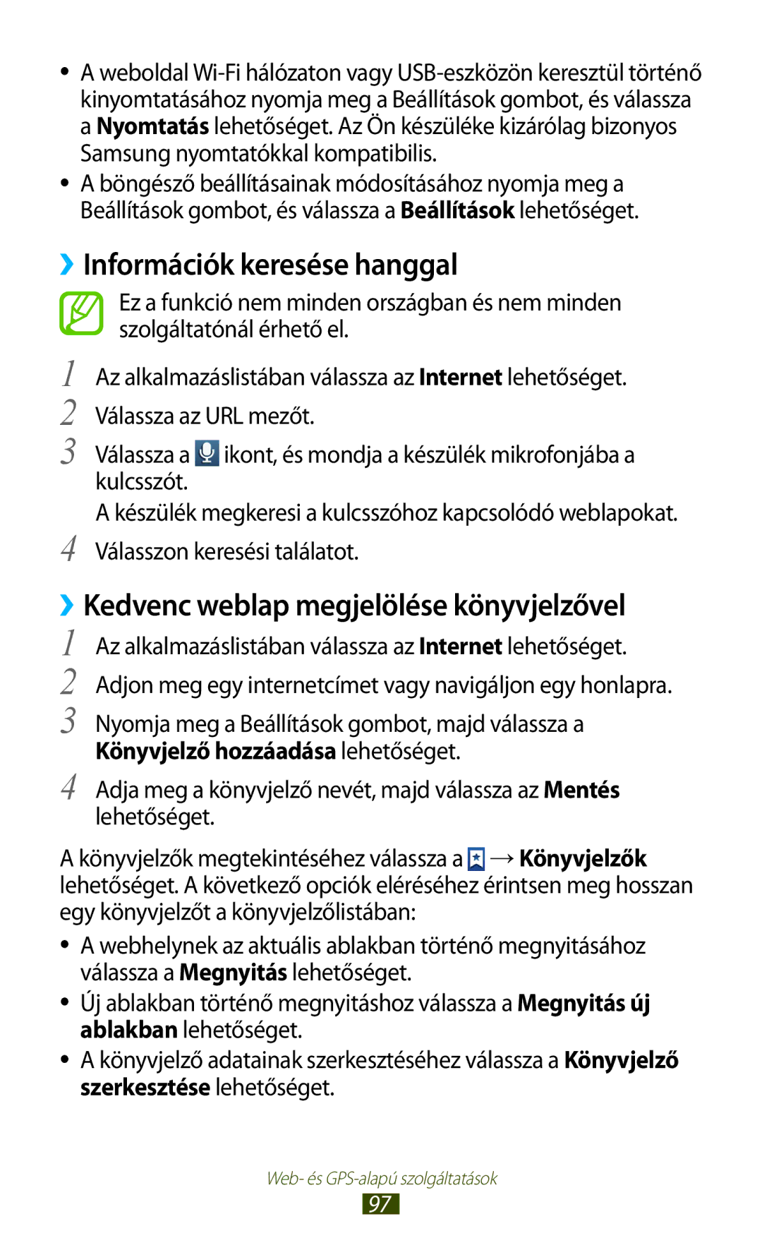 Samsung GT-S7562UWAXEH, GT-S7562UWADBT manual ››Információk keresése hanggal, ››Kedvenc weblap megjelölése könyvjelzővel 