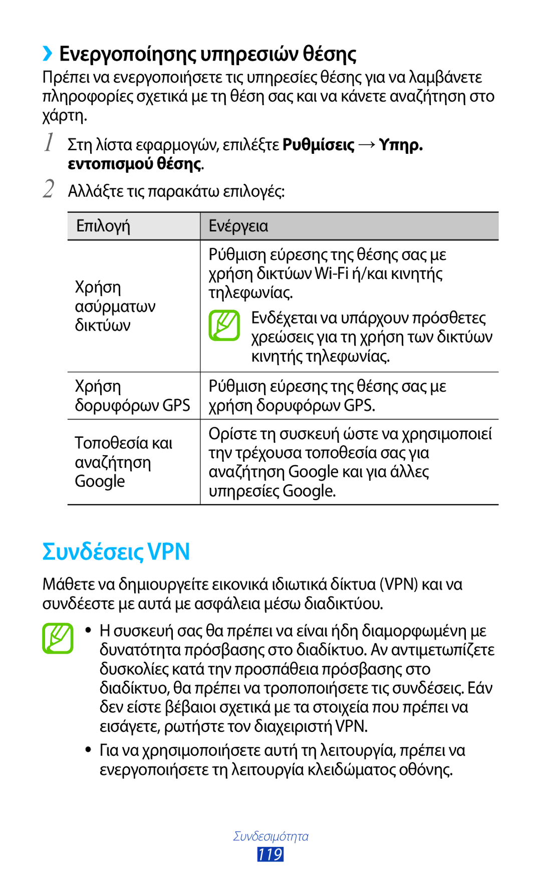 Samsung GT-S7562UWAEUR, GT-S7562ZKAEUR manual Συνδέσεις VPN, ››Ενεργοποίησης υπηρεσιών θέσης, Εντοπισμού θέσης, 119 