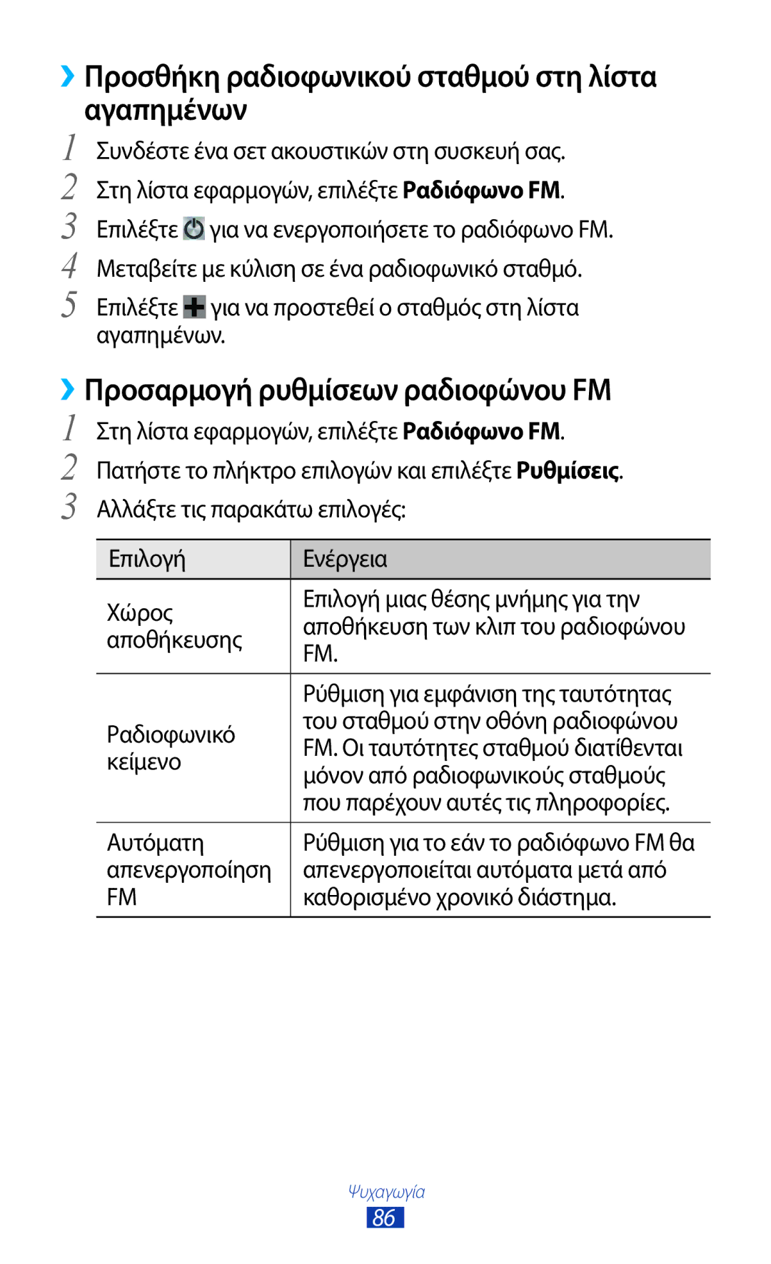 Samsung GT-S7562ZKACYO manual ››Προσθήκη ραδιοφωνικού σταθμού στη λίστα Αγαπημένων, ››Προσαρμογή ρυθμίσεων ραδιοφώνου FM 