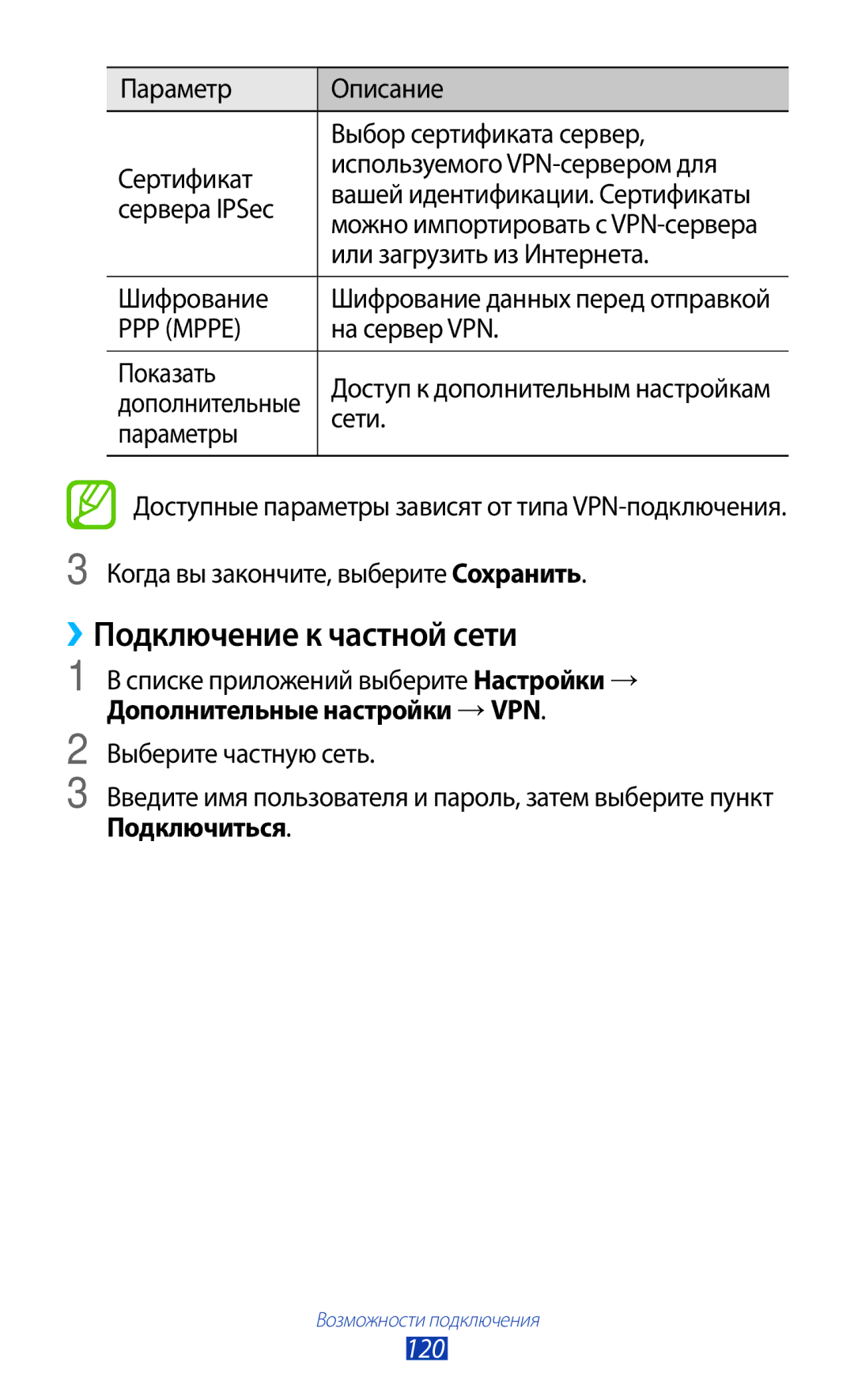 Samsung GT-S7562ZKASEB, GT-S7562UWASEB, GT-S7562CWZSEB, GT-S7562CWZSER manual ››Подключение к частной сети, Подключиться 