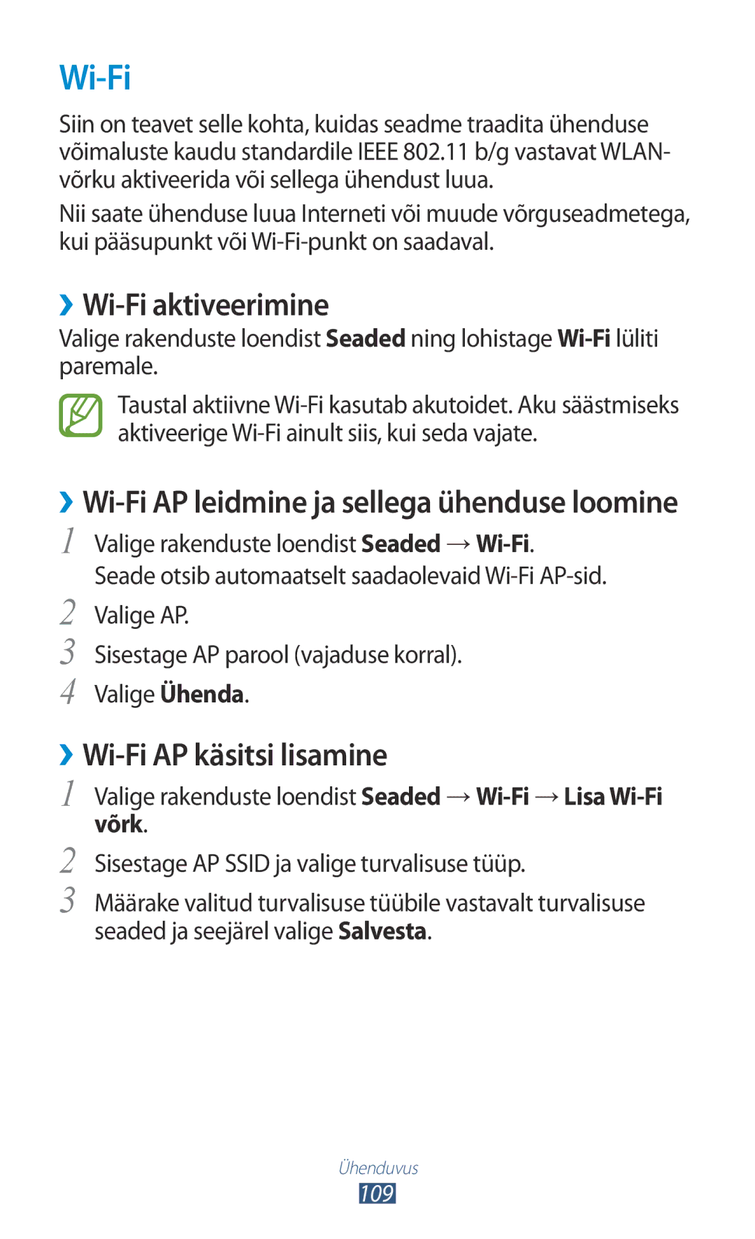 Samsung GT-S7562ZKASEB, GT-S7562UWASEB, GT-S7562CWZSEB manual ››Wi-Fi aktiveerimine, ››Wi-Fi AP käsitsi lisamine, Võrk 