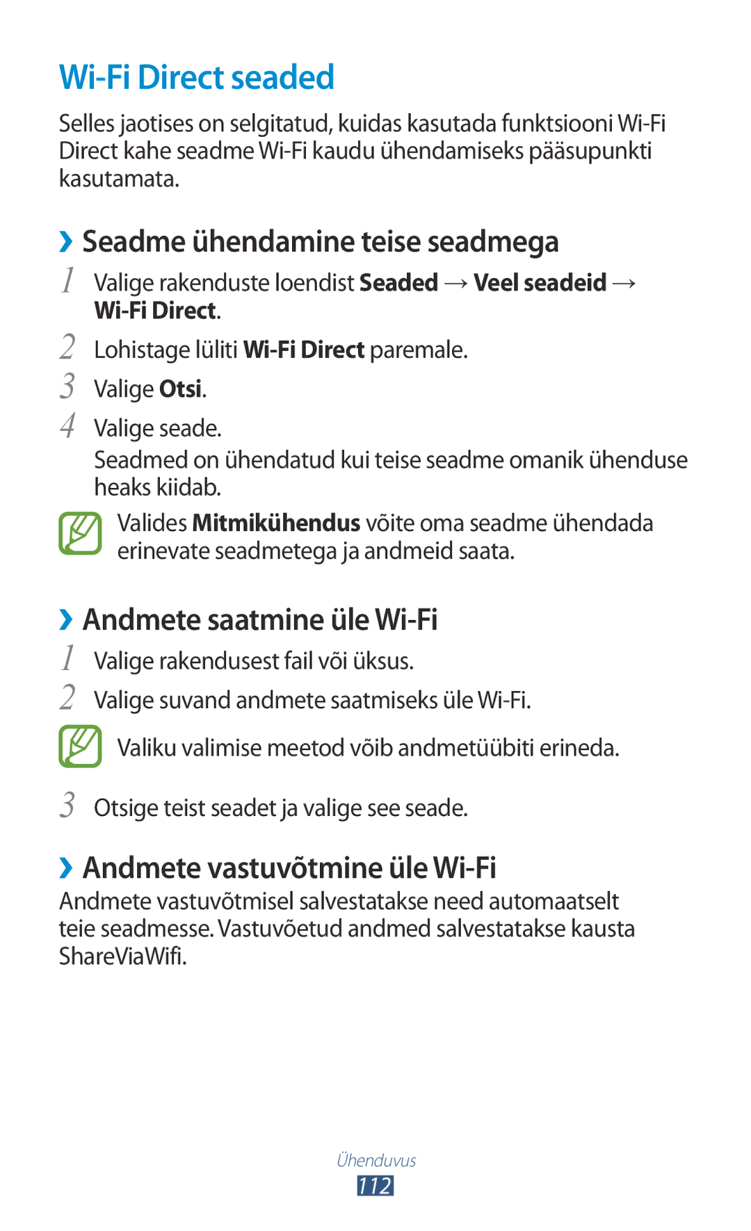 Samsung GT-S7562ZKASEB manual Wi-Fi Direct seaded, ››Seadme ühendamine teise seadmega, ››Andmete saatmine üle Wi-Fi 