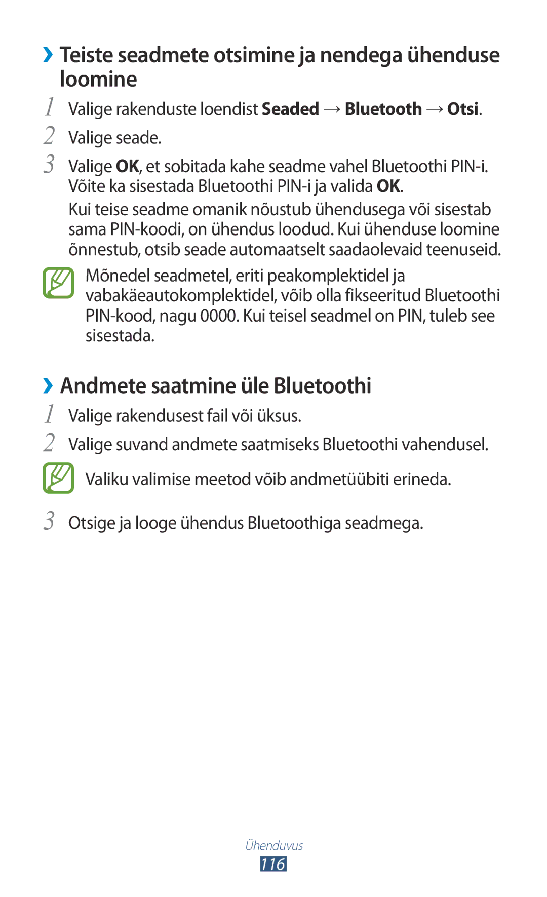 Samsung GT-S7562UWASEB manual ››Teiste seadmete otsimine ja nendega ühenduse loomine, ››Andmete saatmine üle Bluetoothi 