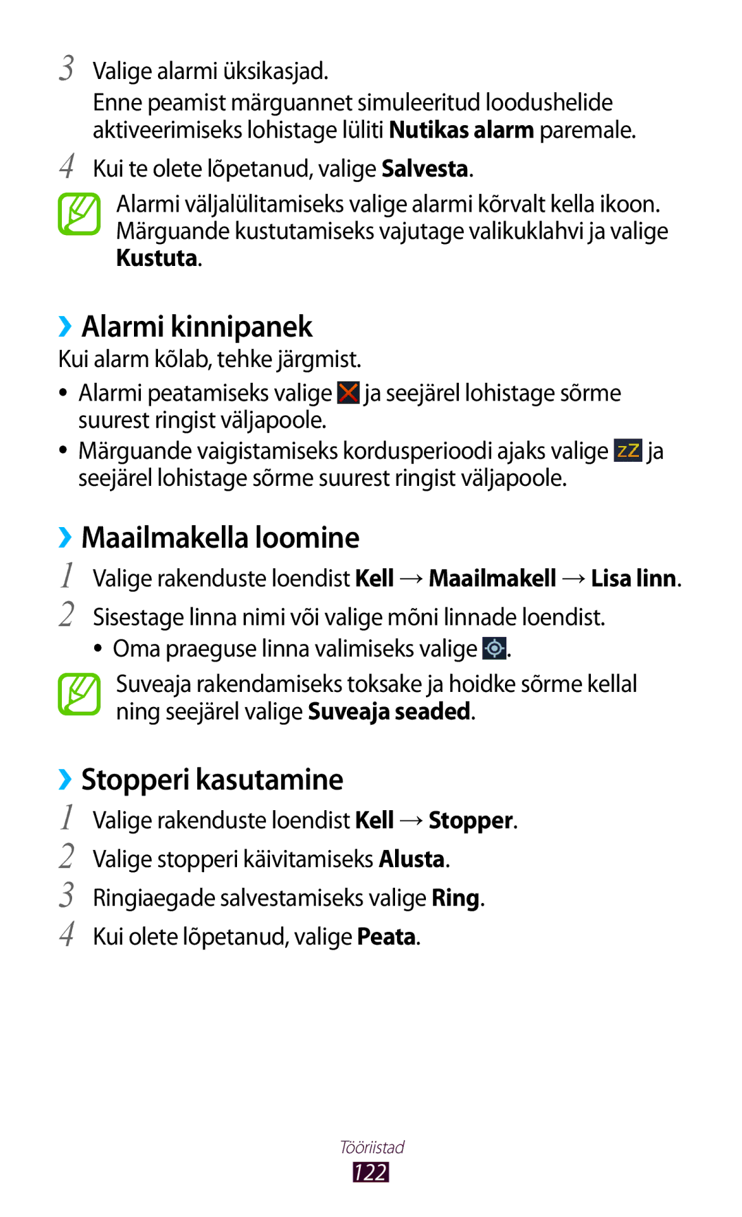 Samsung GT-S7562UWASEB manual ››Alarmi kinnipanek, ››Maailmakella loomine, ››Stopperi kasutamine, Valige alarmi üksikasjad 