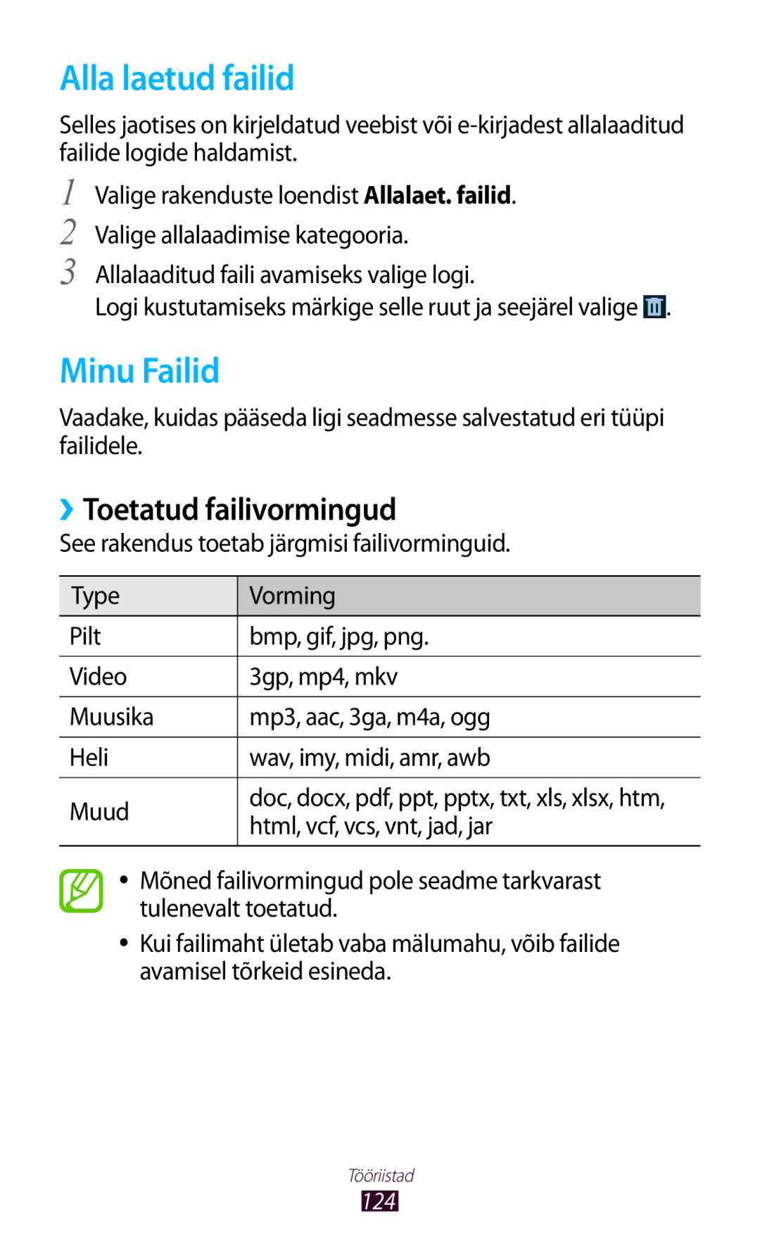 Samsung GT-S7562ZKASEB, GT-S7562UWASEB, GT-S7562CWZSEB manual Alla laetud failid, Minu Failid, ››Toetatud failivormingud 