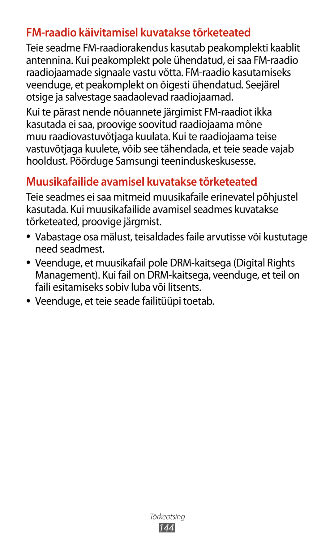 Samsung GT-S7562CWZSEB manual FM-raadio käivitamisel kuvatakse tõrketeated, Veenduge, et teie seade failitüüpi toetab 