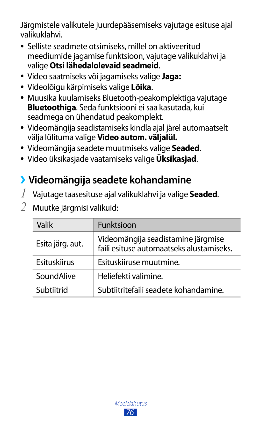 Samsung GT-S7562ZKASEB, GT-S7562UWASEB, GT-S7562CWZSEB manual ››Videomängija seadete kohandamine 