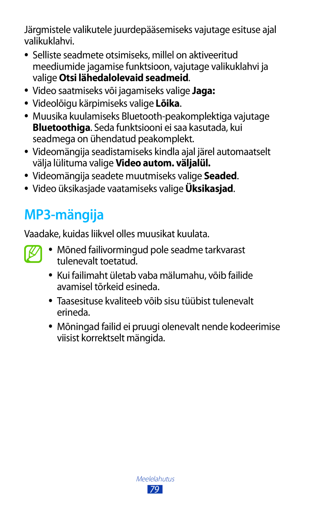 Samsung GT-S7562ZKASEB, GT-S7562UWASEB, GT-S7562CWZSEB manual MP3-mängija 