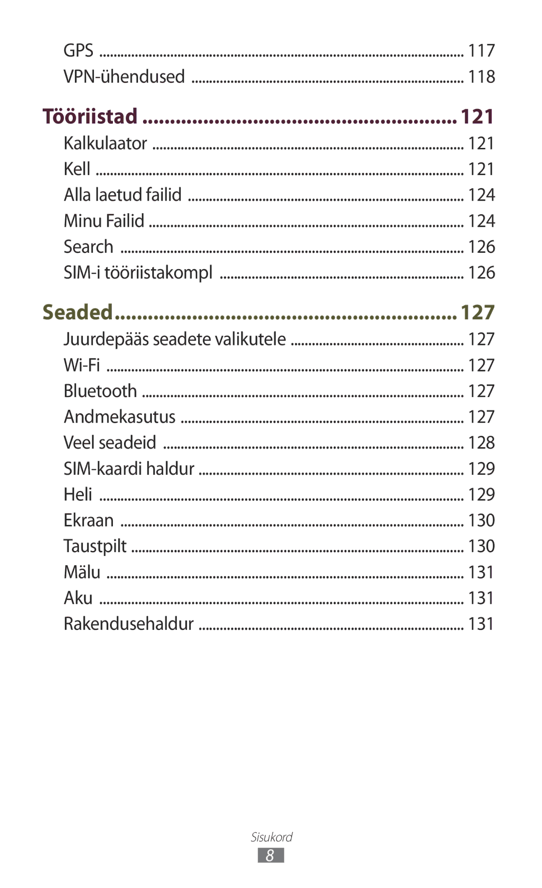 Samsung GT-S7562UWASEB, GT-S7562CWZSEB, GT-S7562ZKASEB manual 121, Tööriistad 