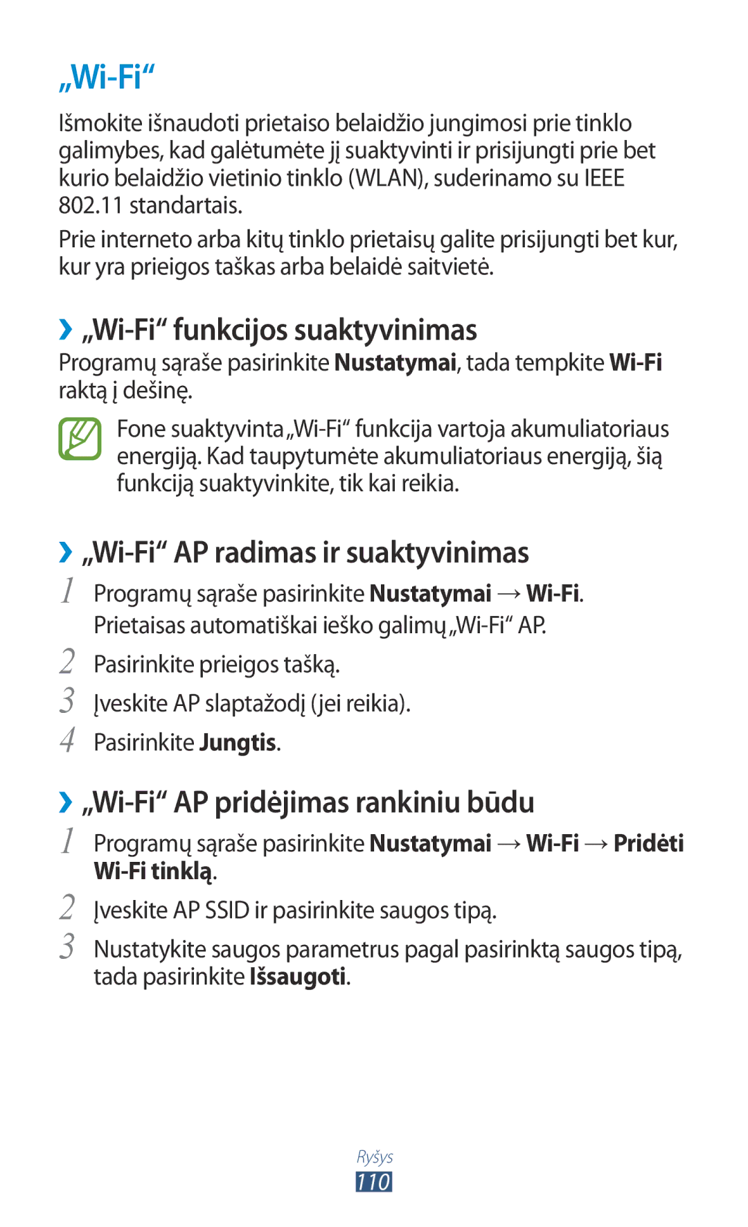 Samsung GT-S7562UWASEB, GT-S7562CWZSEB manual ››„Wi-Fi funkcijos suaktyvinimas, ››„Wi-Fi AP radimas ir suaktyvinimas 