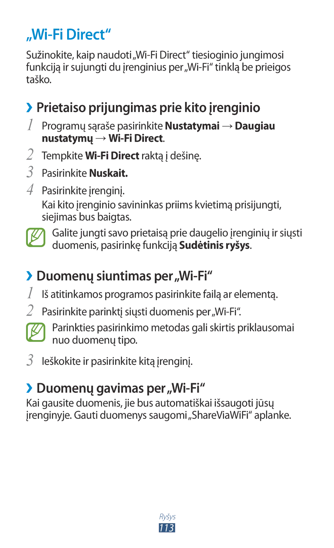 Samsung GT-S7562UWASEB manual „Wi-Fi Direct, ››Prietaiso prijungimas prie kito įrenginio, ››Duomenų siuntimas per„Wi-Fi 