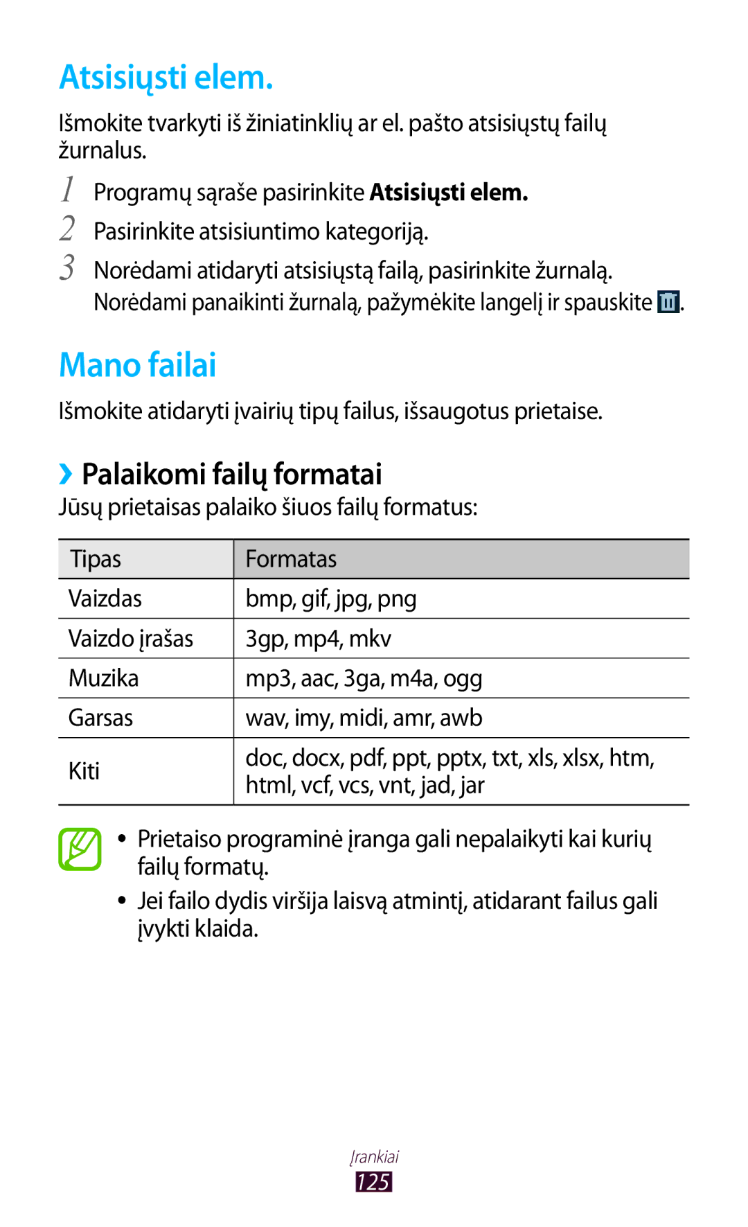 Samsung GT-S7562UWASEB, GT-S7562CWZSEB, GT-S7562ZKASEB manual Atsisiųsti elem, Mano failai, ››Palaikomi failų formatai 