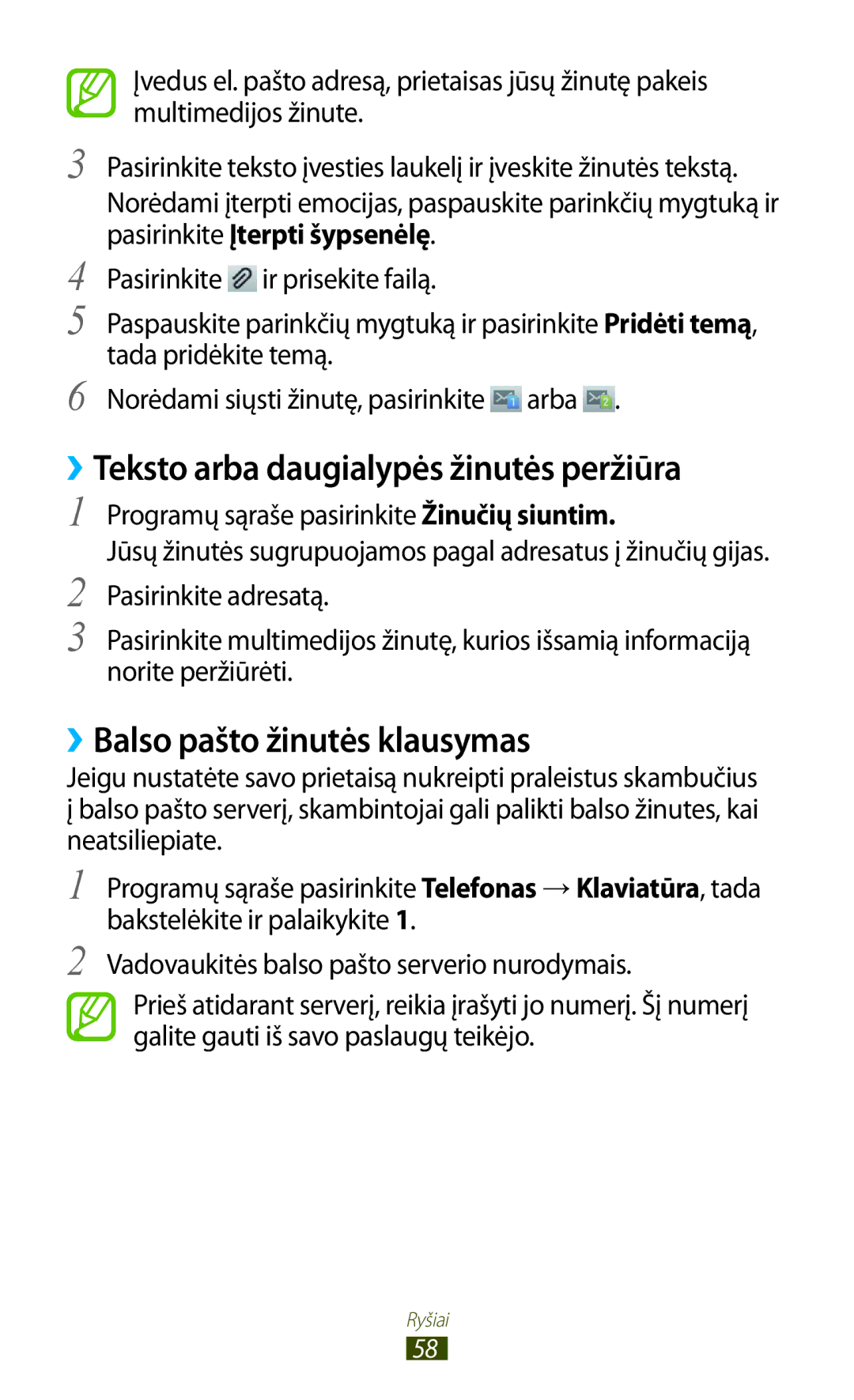 Samsung GT-S7562ZKASEB, GT-S7562UWASEB manual ››Teksto arba daugialypės žinutės peržiūra, ››Balso pašto žinutės klausymas 