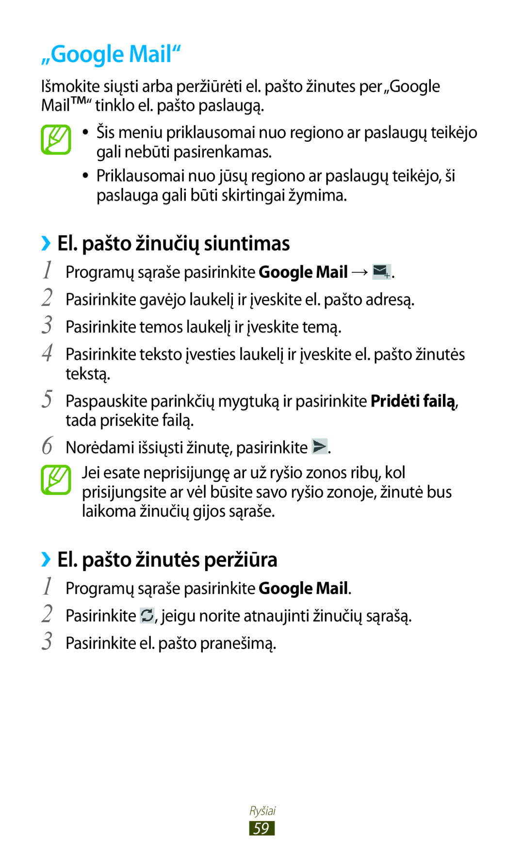 Samsung GT-S7562UWASEB, GT-S7562CWZSEB manual „Google Mail, ››El. pašto žinučių siuntimas, ››El. pašto žinutės peržiūra 
