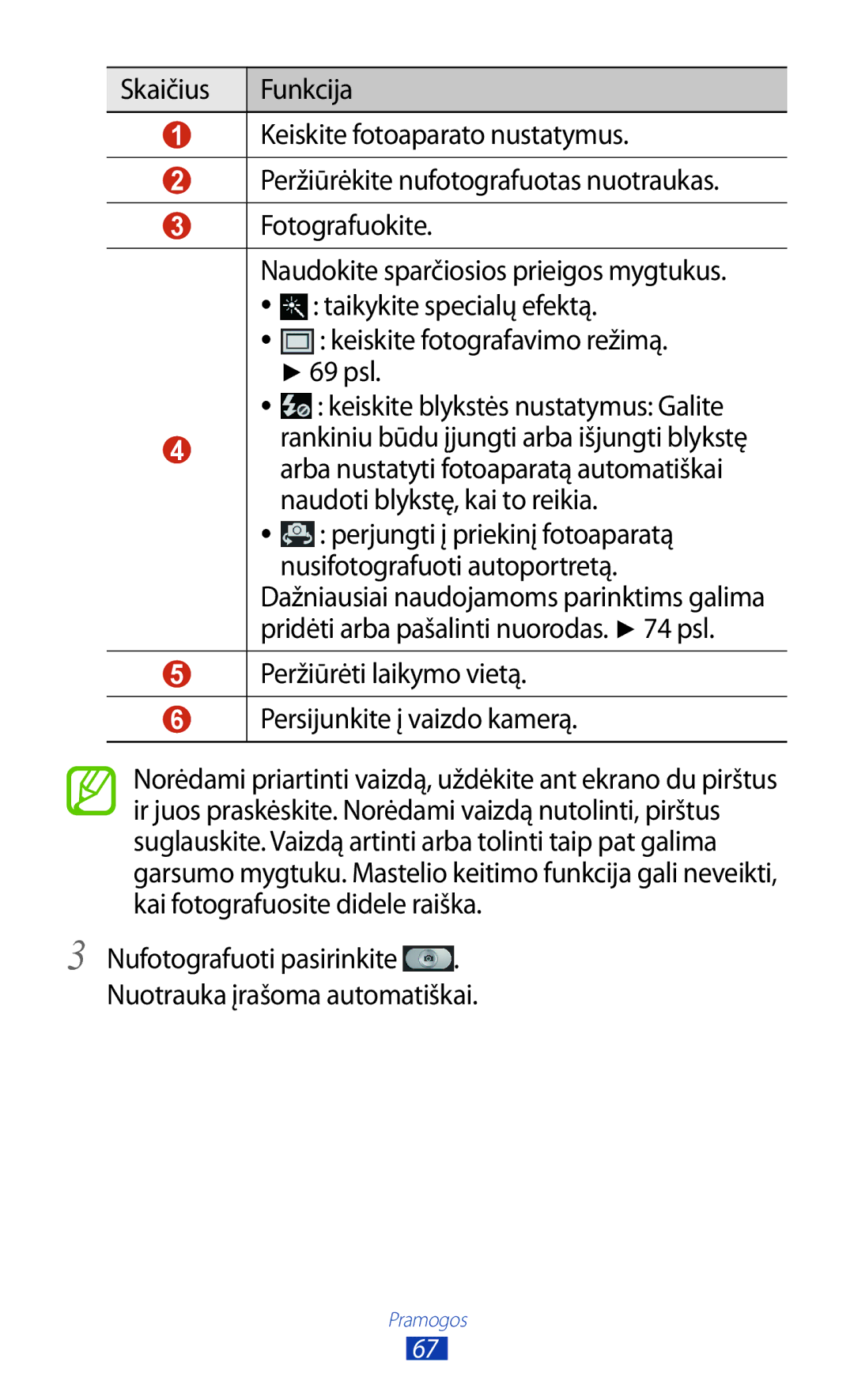 Samsung GT-S7562ZKASEB, GT-S7562UWASEB, GT-S7562CWZSEB manual 69 psl, Peržiūrėti laikymo vietą Persijunkite į vaizdo kamerą 