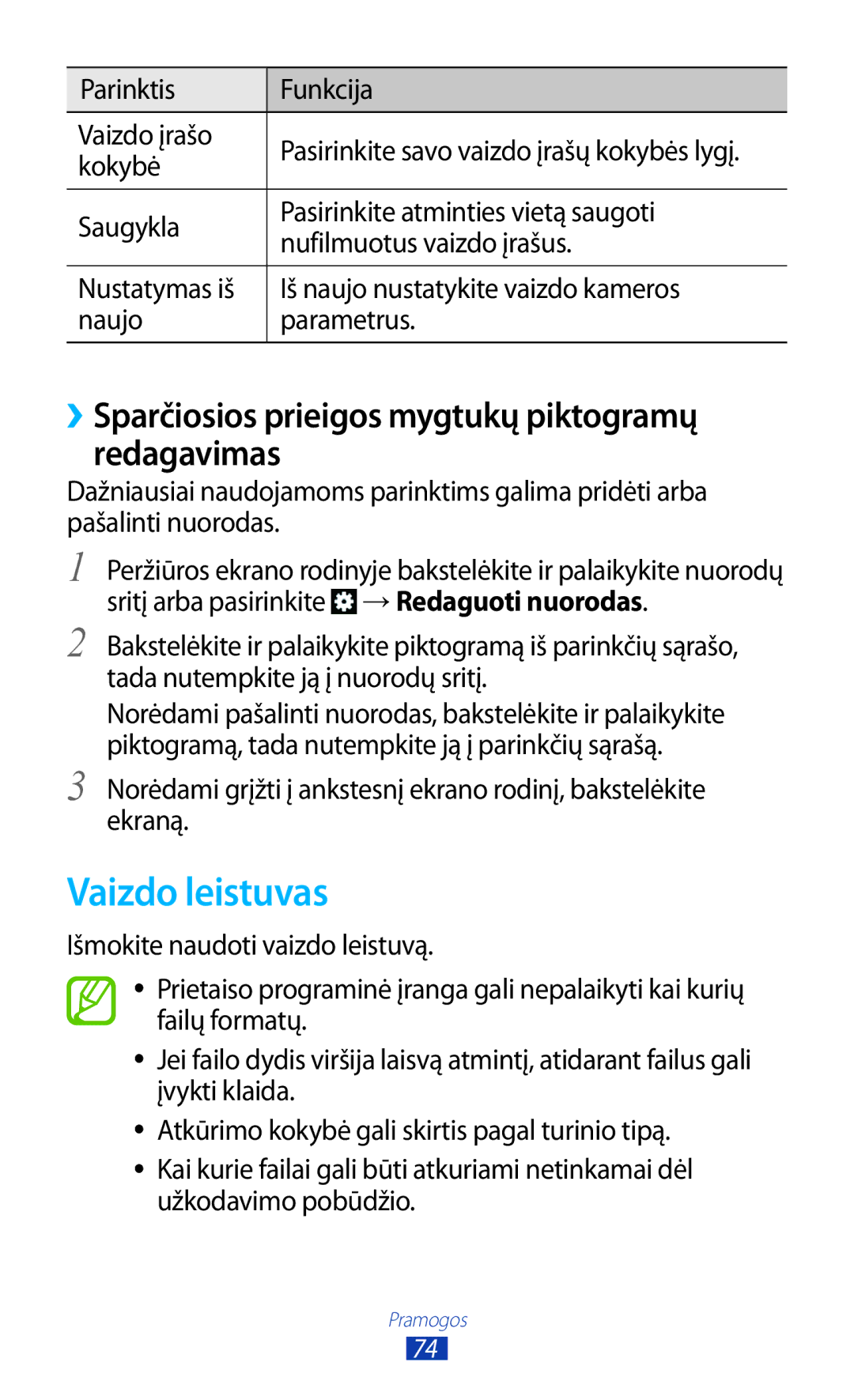 Samsung GT-S7562UWASEB, GT-S7562CWZSEB manual Vaizdo leistuvas, ››Sparčiosios prieigos mygtukų piktogramų redagavimas 