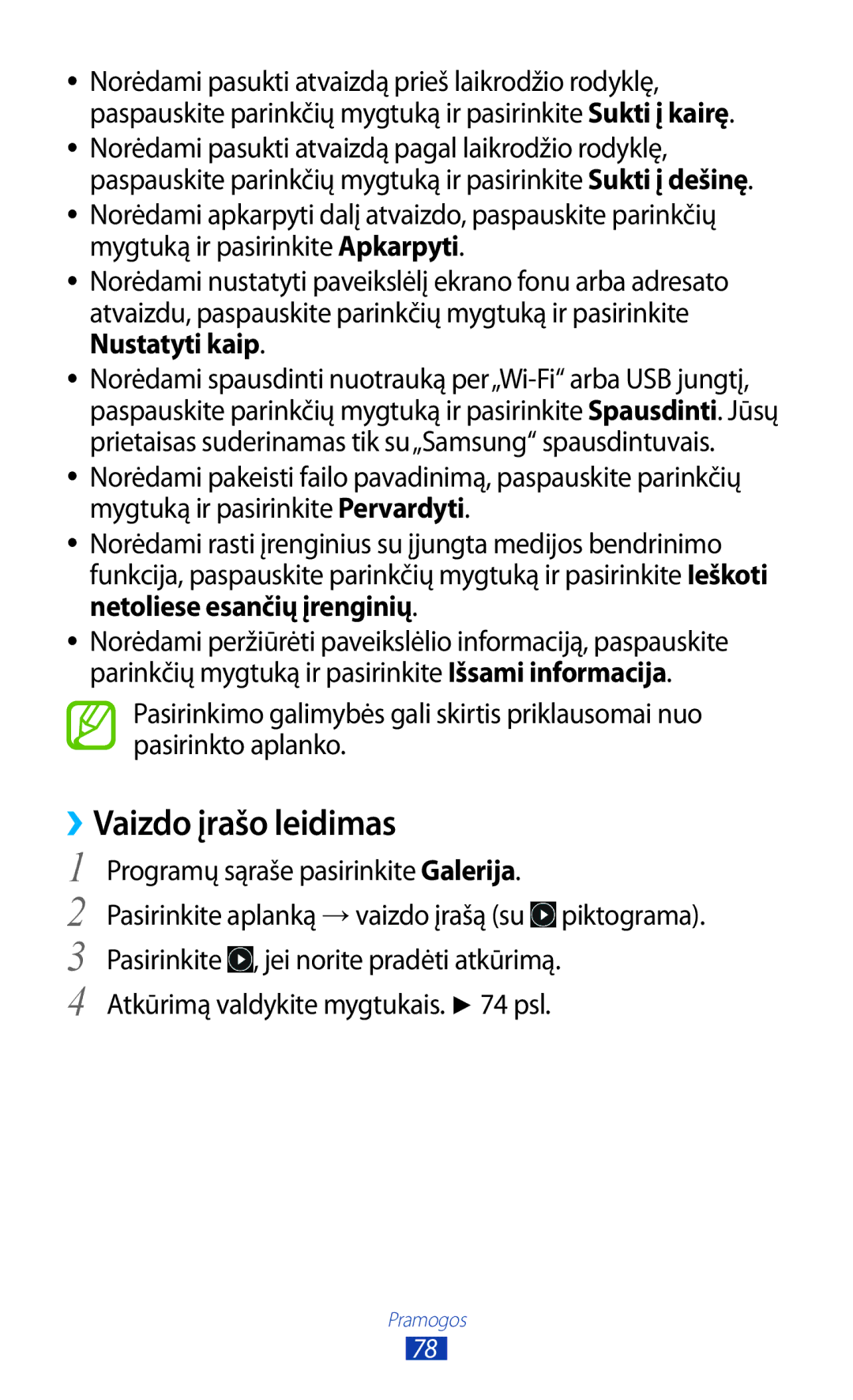 Samsung GT-S7562CWZSEB, GT-S7562UWASEB manual Programų sąraše pasirinkite Galerija, Atkūrimą valdykite mygtukais psl 