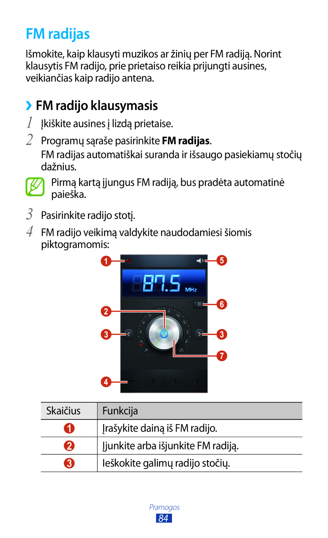 Samsung GT-S7562CWZSEB, GT-S7562UWASEB, GT-S7562ZKASEB manual FM radijas, ››FM radijo klausymasis 