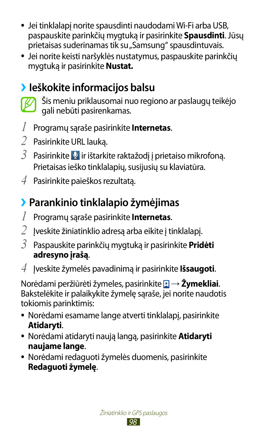 Samsung GT-S7562UWASEB ››Ieškokite informacijos balsu, ››Parankinio tinklalapio žymėjimas, Pasirinkite paieškos rezultatą 